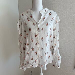 Ann Taylor Floral Button Front Long Sleeve Top Size XL Cottage Coquette BohoChic